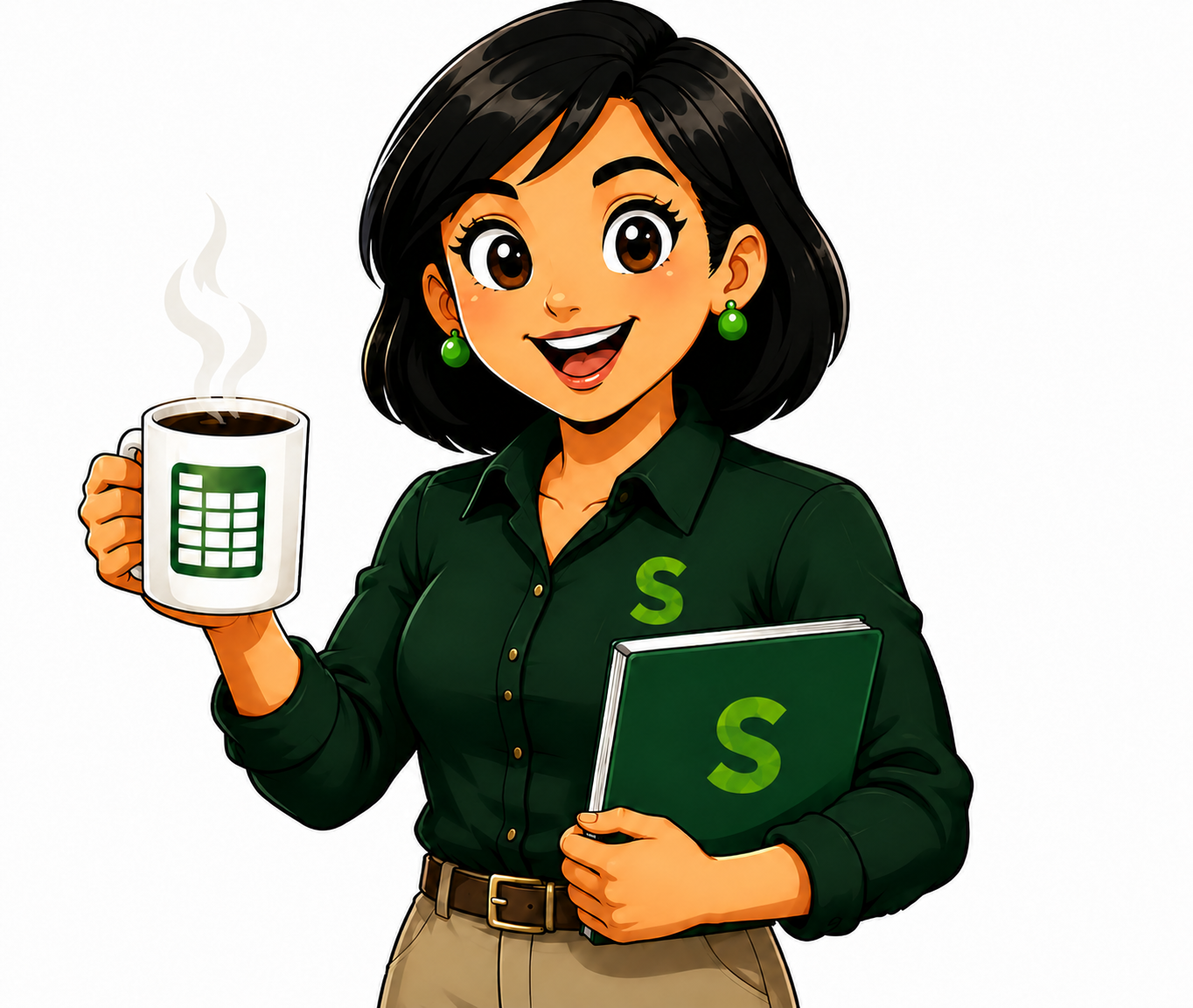 Mira, the Symphony — holding her worksheet mug and Symphony notebook